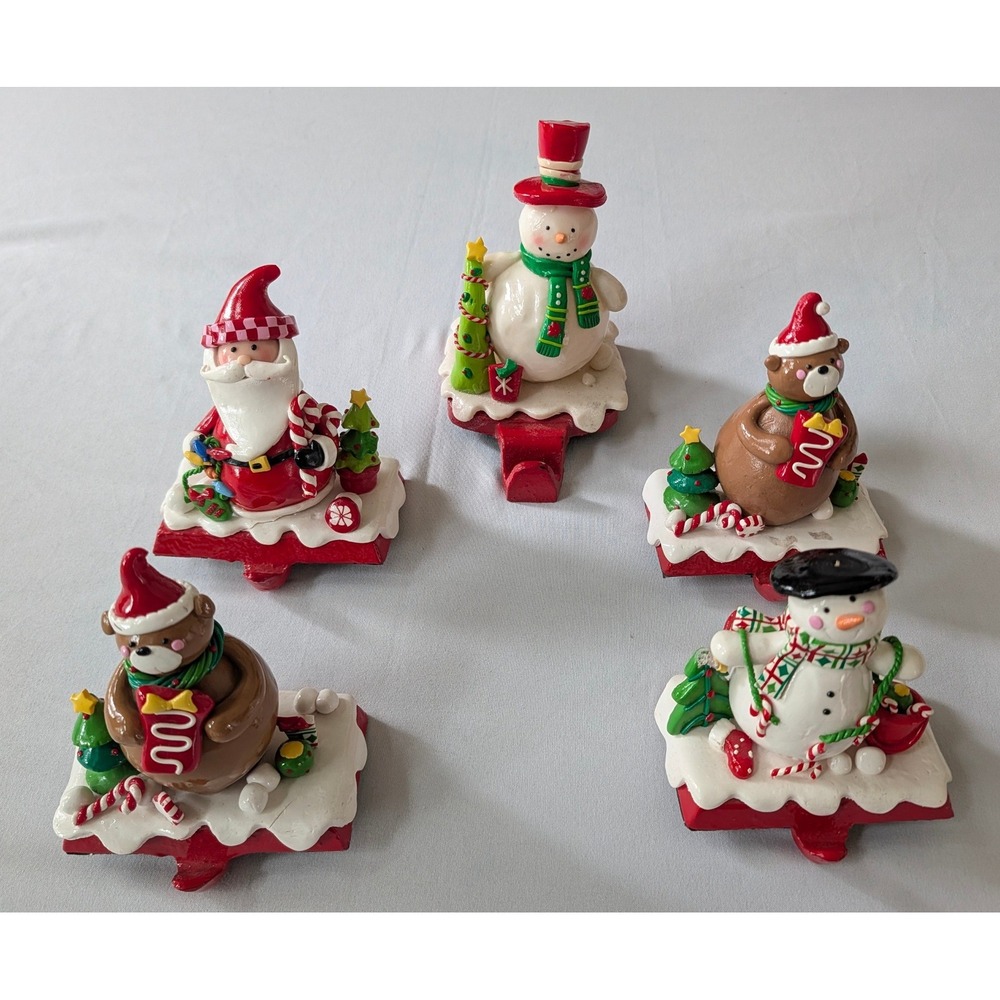 Vtg Stocking Holder Lot of 5 Set Red White Santa Snowman Bear Christmas Mantel